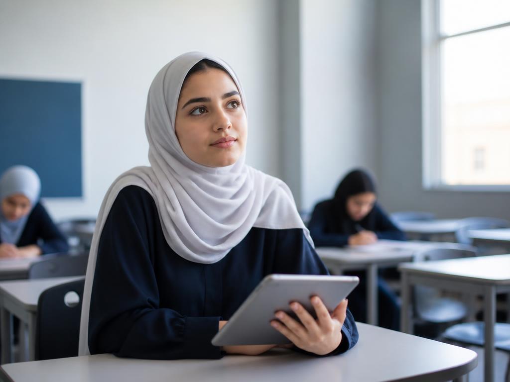طالبة ثانوية تفكر في خياراتها الأكاديمية داخل الفصل