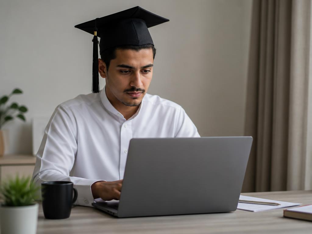 خريج جامعي يعمل على سيرته الذاتية باستخدام حاسب محمول