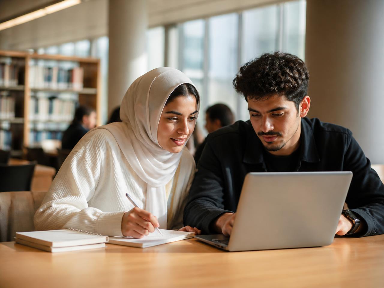طالبان يدرسان معًا على حاسب محمول في مكتبة جامعية